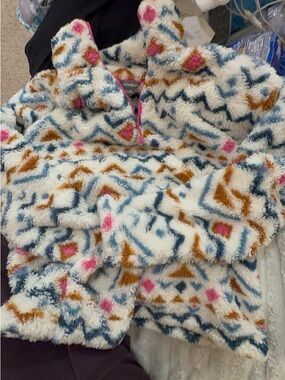 Eddie Bauer Cream Fuzzy Pullover with Blue, Brown & Pink Aztec Pattern